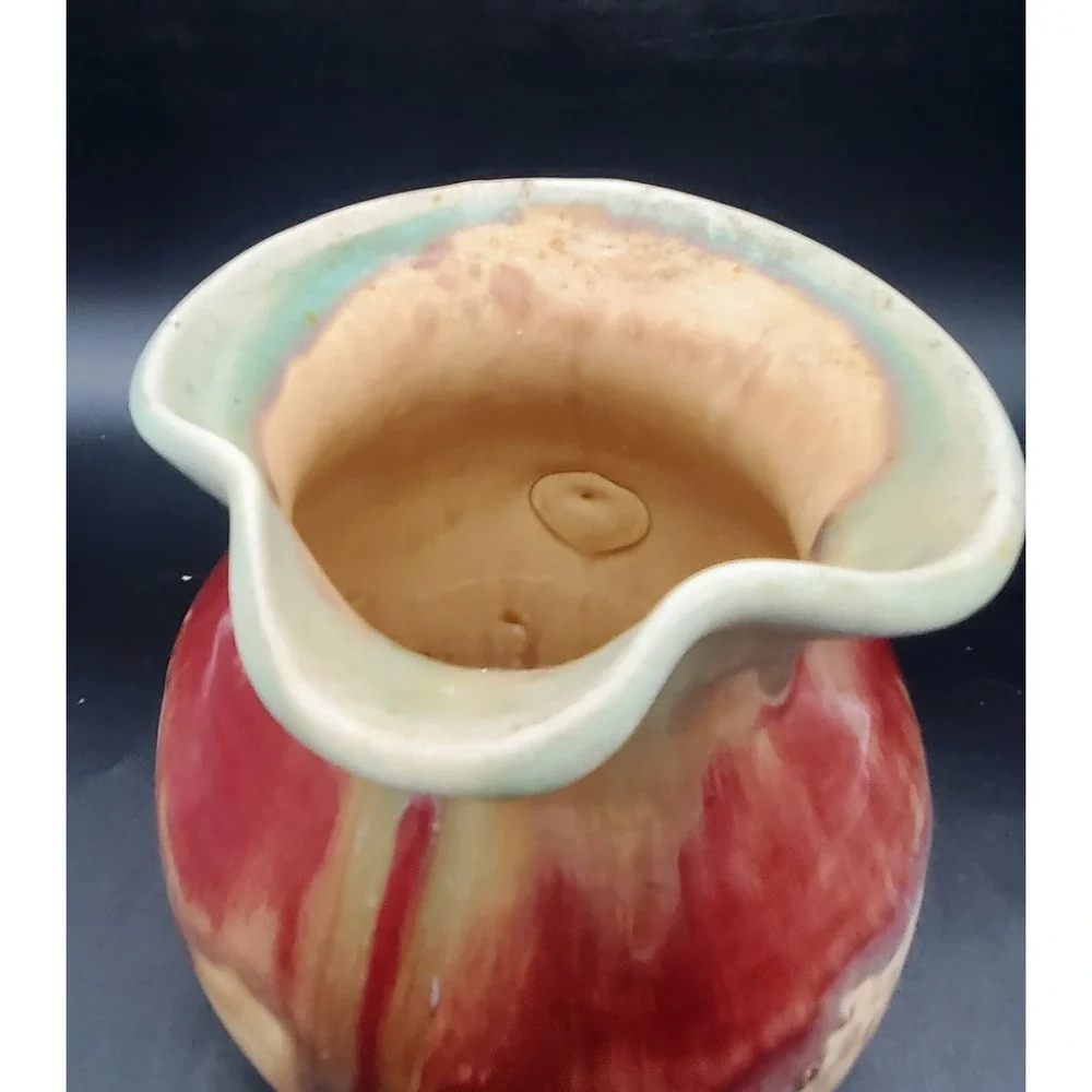 Handmade D. Lessar Studio Art Pottery‎ Red Tulip Pitcher Handmade Drip Glaze 7